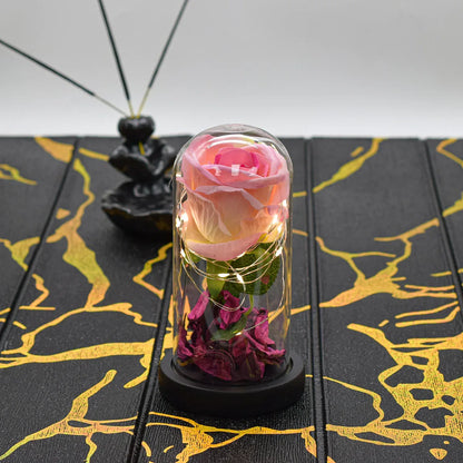 Aranjament floral in cupola de sticla, lumina Led, D4013, Roz