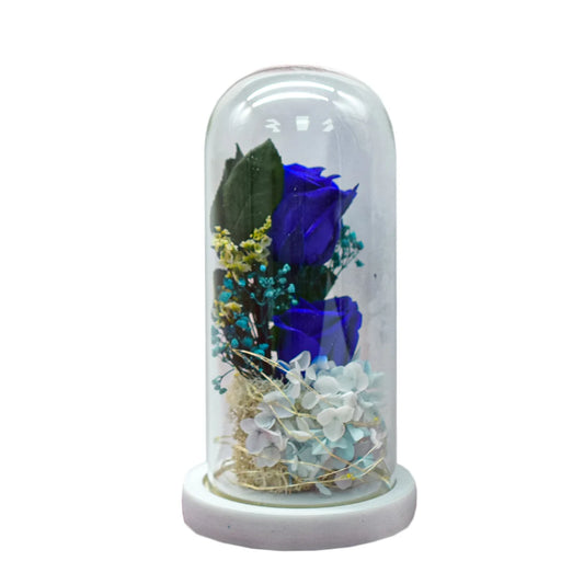 Aranjament floral in cupola de sticla, lumina Led, D4014, Albastru