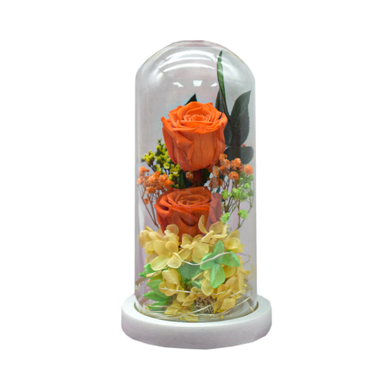 Aranjament floral in cupola de sticla, lumina Led, D4014, Portocaliu
