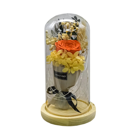 Aranjament floral in cupola de sticla, lumina Led, D4015, Portocaliu