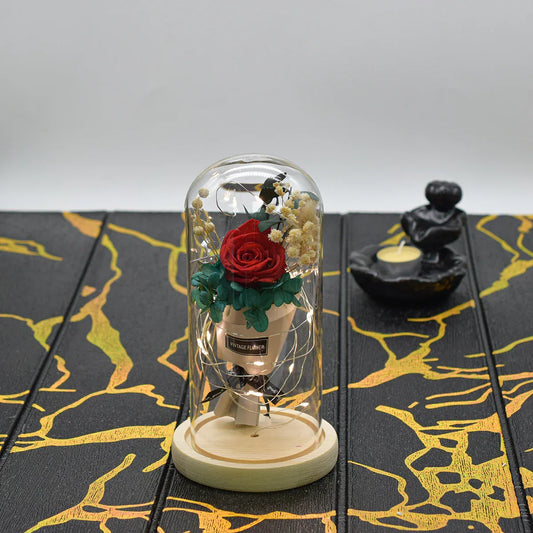 Aranjament floral in cupola de sticla, lumina Led, D4015, Rosu