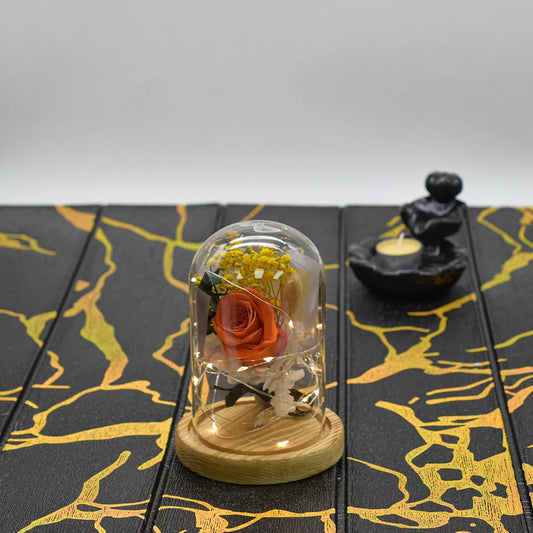 Aranjament floral in cupola de sticla, lumina Led, D4016, Portocaliu