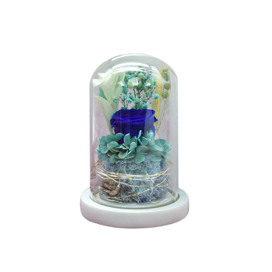 Aranjament floral in cupola de sticla, lumina Led, D4017, Albastru