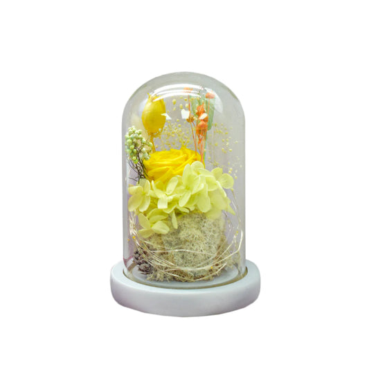 Aranjament floral in cupola de sticla, lumina Led, D4017, Galben