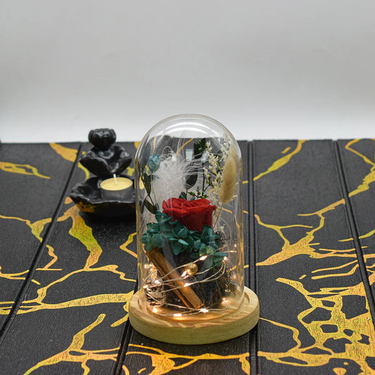 Aranjament floral in cupola de sticla, lumina Led, D4018, Rosu