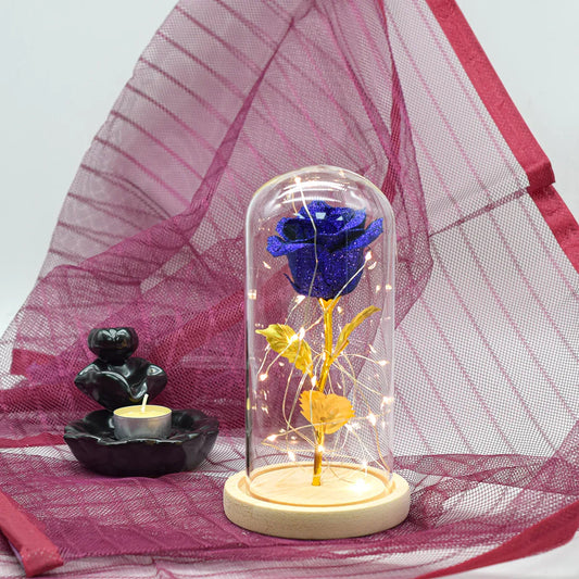 Aranjament floral in cupola de sticla, lumina Led, D4019, Albastru