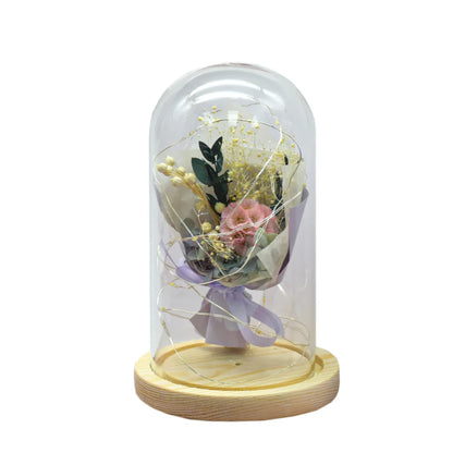 Aranjament floral in cupola de sticla, lumina Led, D4026, Roz