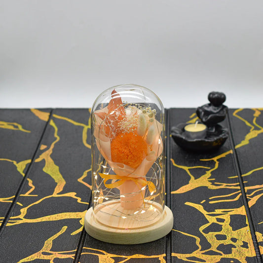 Aranjament floral in cupola de sticla, lumina Led, D4038, Portocaliu