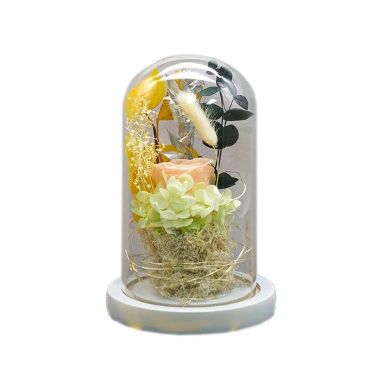 Aranjament floral in cupola de sticla, lumina Led, D4039, Galben