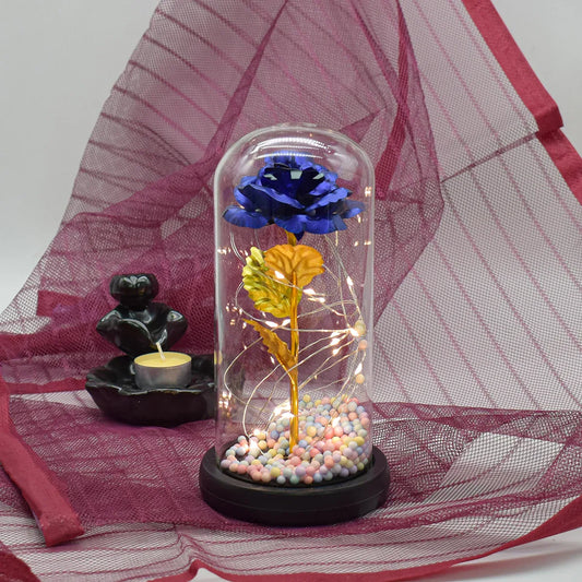 Aranjament floral in cupola de sticla, lumina Led, D4041, Albastru