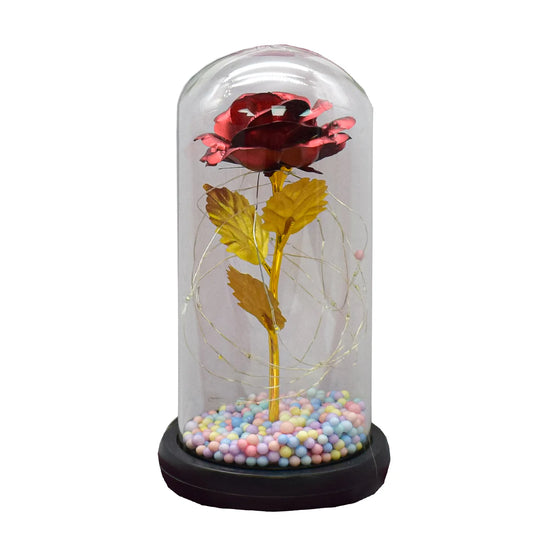 Aranjament floral in cupola de sticla, lumina Led, D4041, Rosu