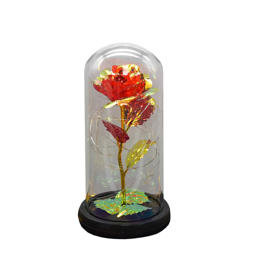 Aranjament floral in cupola de sticla, lumina Led, D4042, Rosu