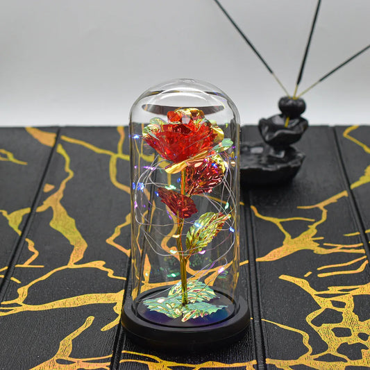 Aranjament floral in cupola de sticla, lumina Led, D4042, Rosu