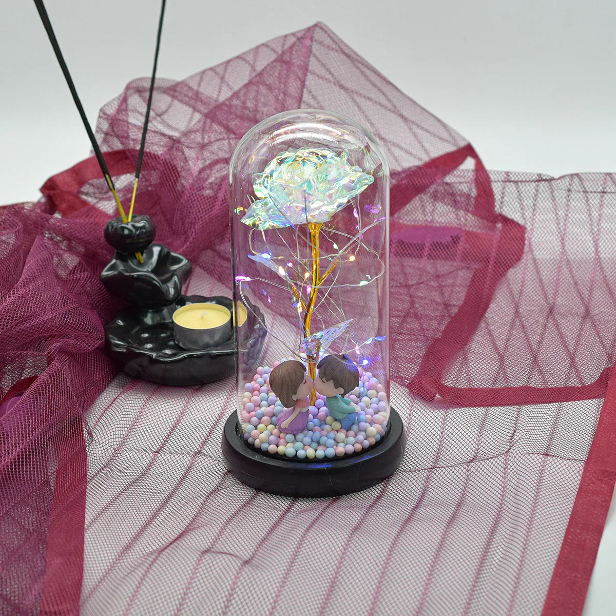 Aranjament floral in cupola de sticla, lumina Led, D4043, Roz
