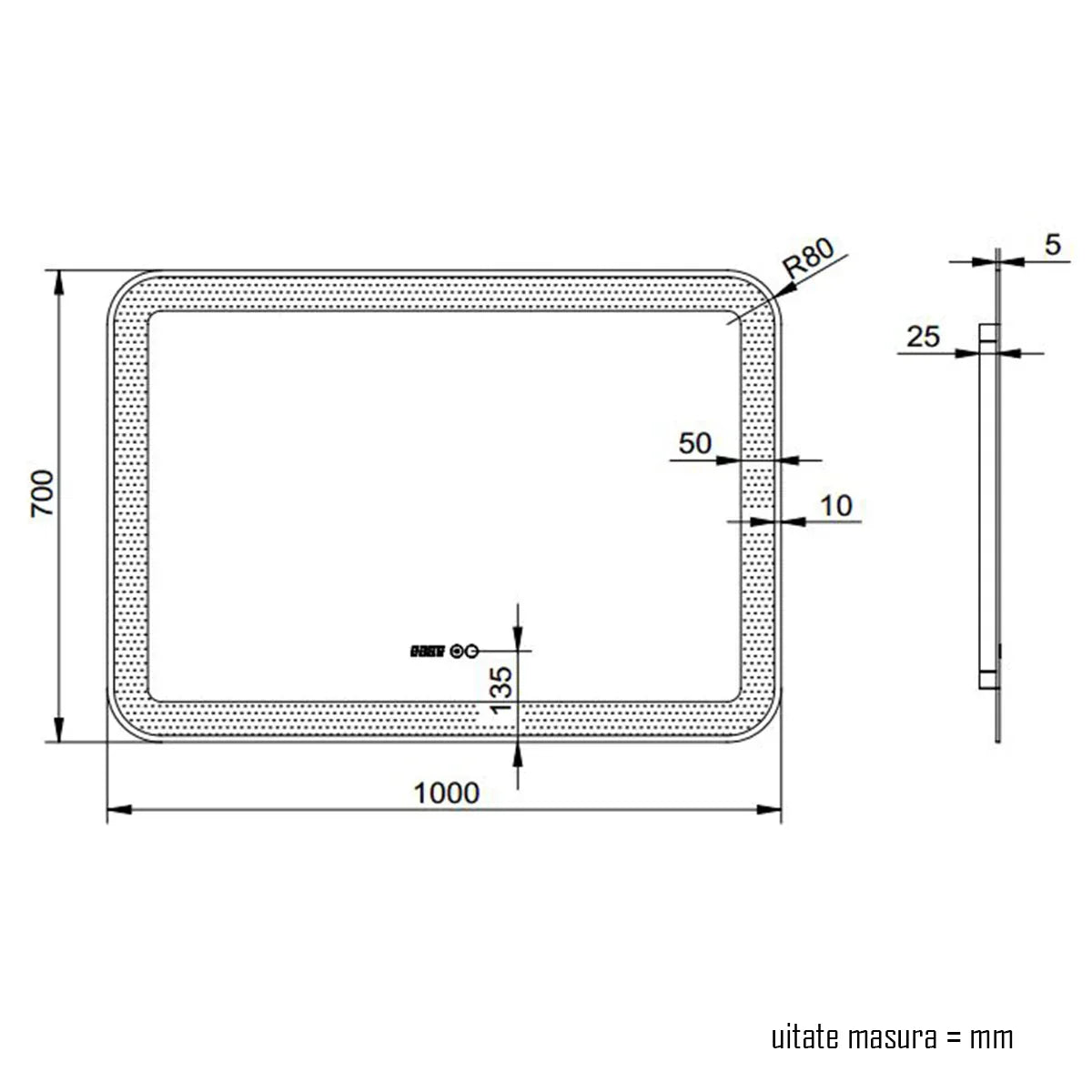 Oglinda baie, sistem iluminare LED, IP44, 100x70cm, D4230, Dezaburire, Touch, Ceas