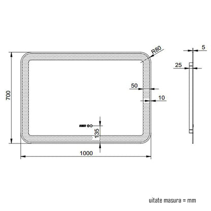 Oglinda baie, sistem iluminare LED, IP44, 100x70cm, D4230, Dezaburire, Touch, Ceas