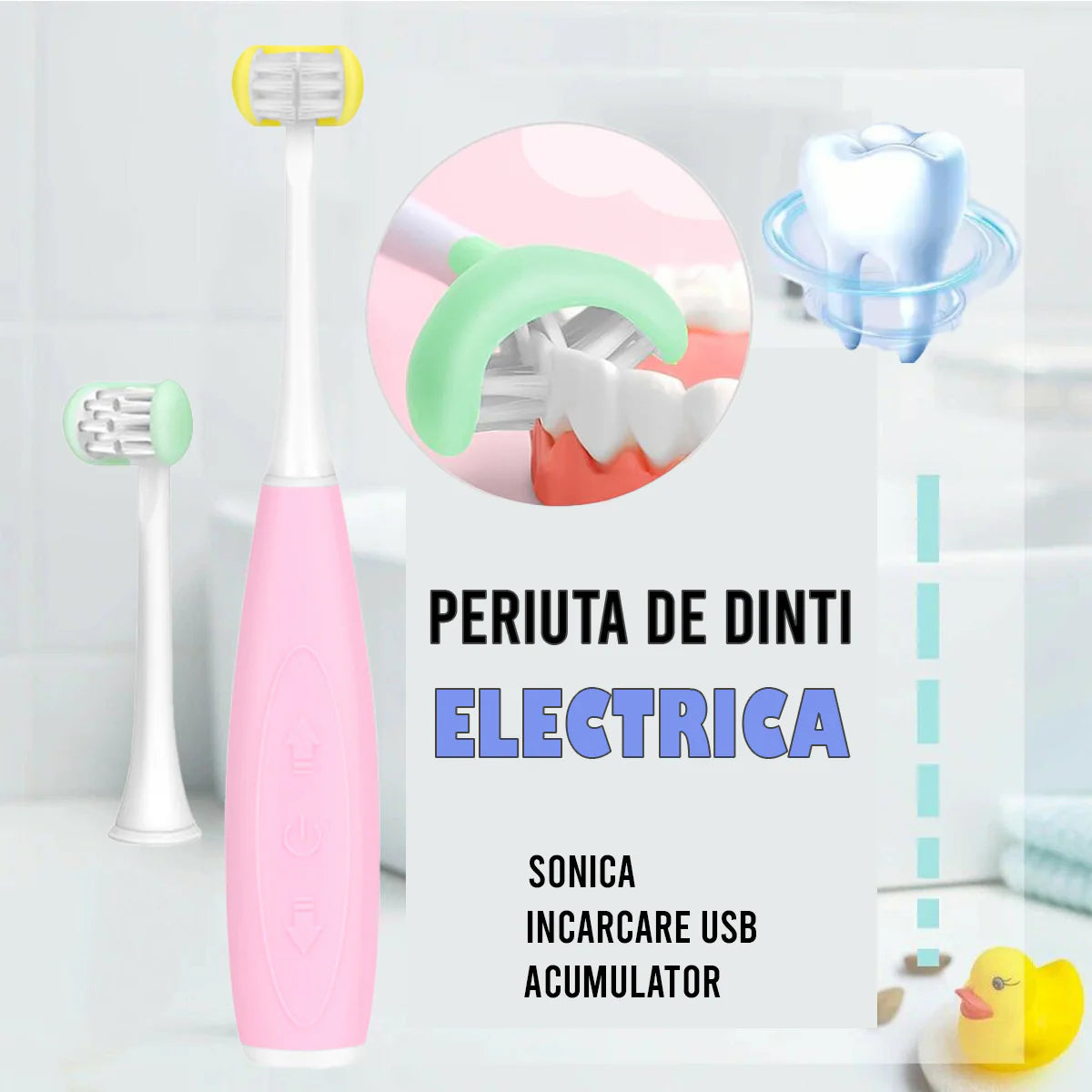 Periuta de dinti electrica U-shape, Sonica, 5 programe,  6-14 ani, Naimeed D4373, acumulator, incarcare USB, Roz