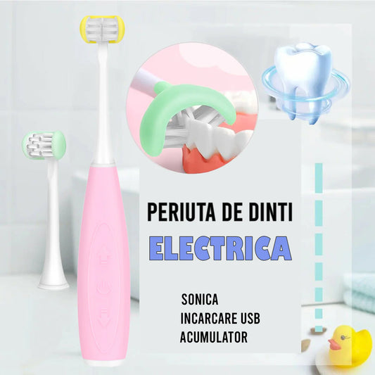 Periuta de dinti electrica U-shape, Sonica, 5 programe,  6-14 ani, Naimeed D4373, acumulator, incarcare USB, Roz