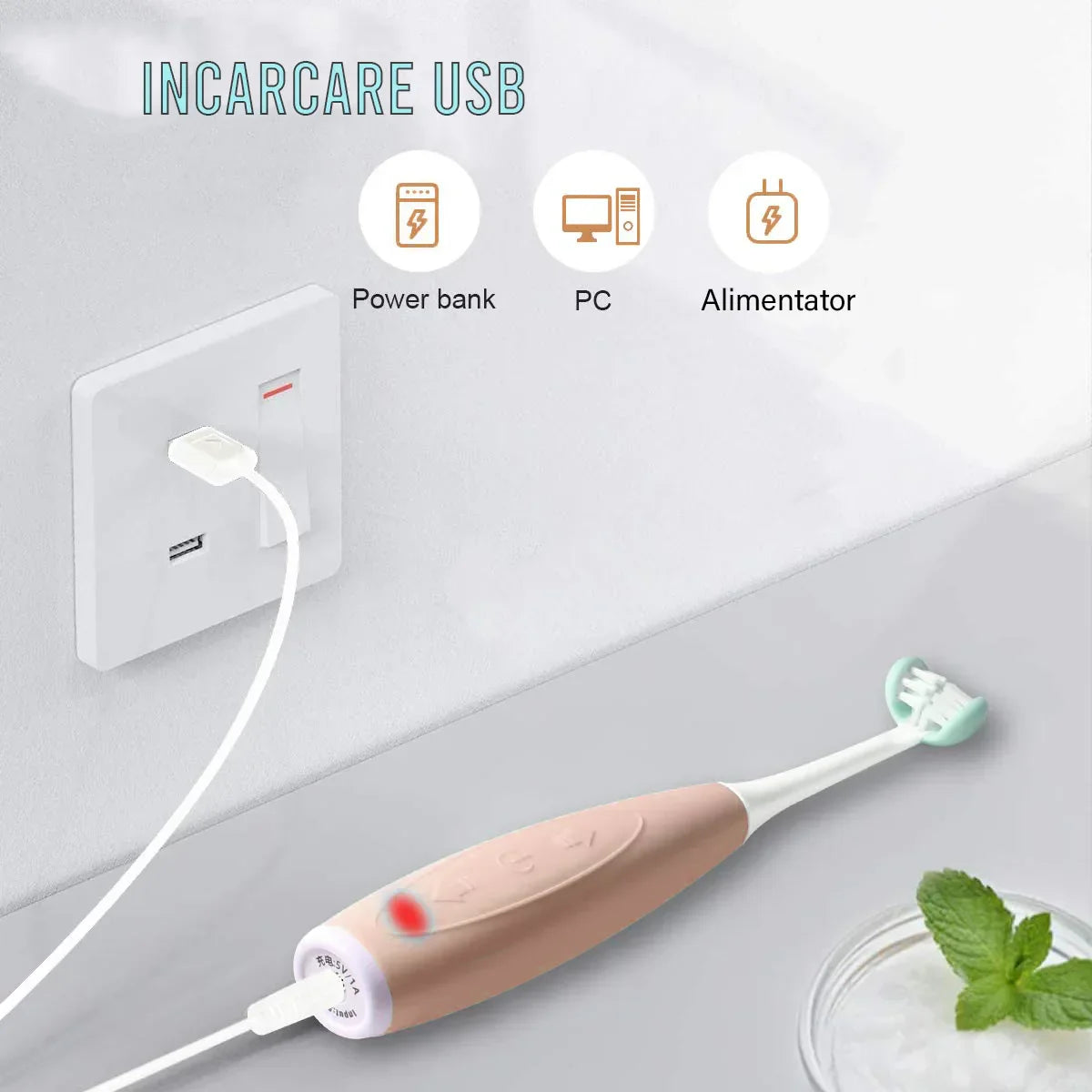 Periuta de dinti electrica U-shape, Sonica, 5 programe,  6-14 ani, Naimeed D4373, acumulator, incarcare USB, Roz