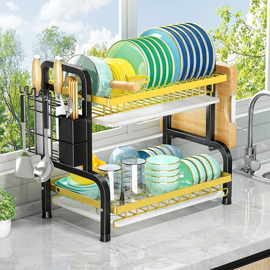 Raft metalic pentru vase si tacamuri, 2 polite, Naimeed D4472, Negru/Auriu