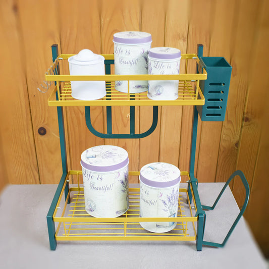 Raft metalic pentru vase si tacamuri, 2 polite, Naimeed D4474, Verde/Auriu