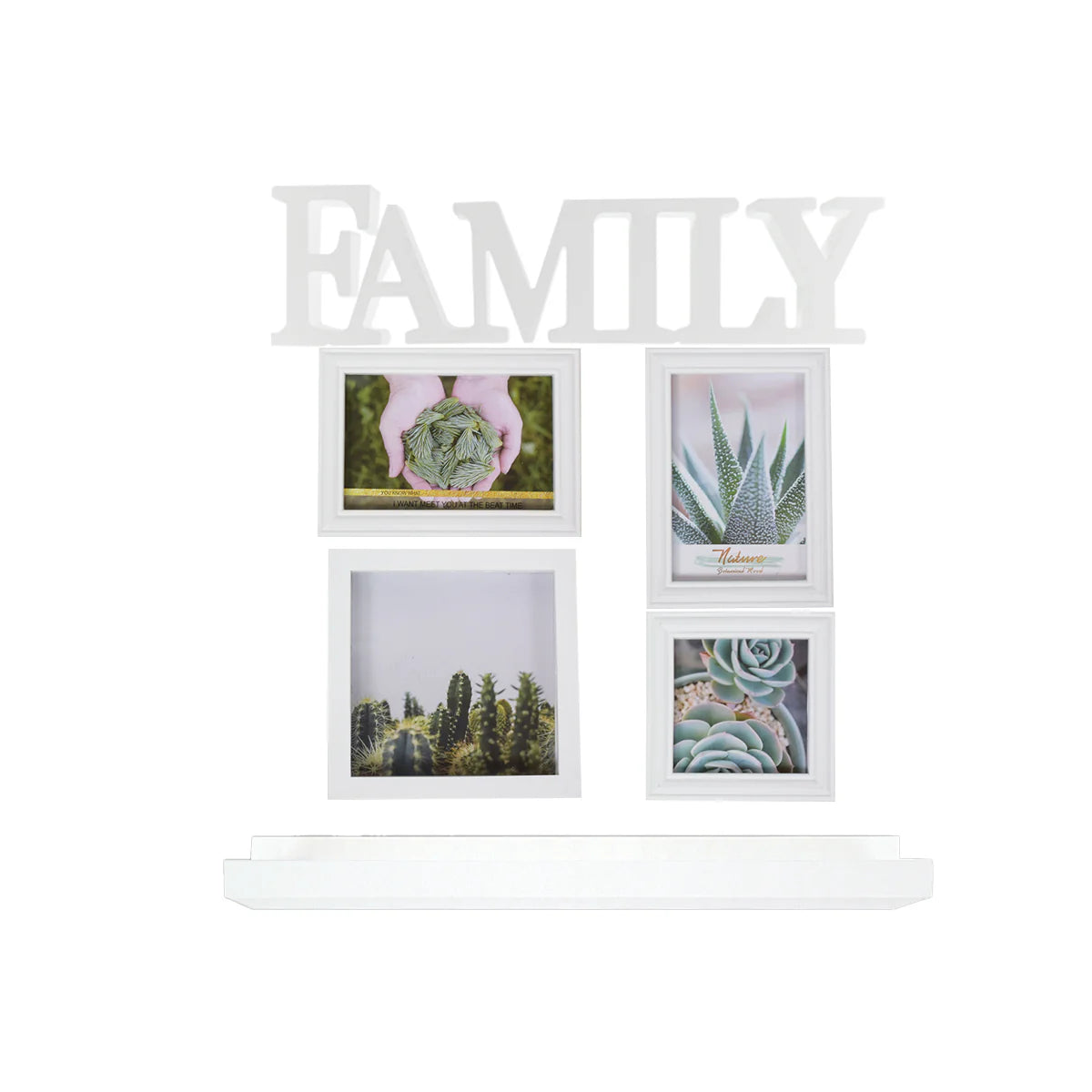 Set 4 rame foto, Naimeed D4599W, 1 polita si 1 ornament, Alb