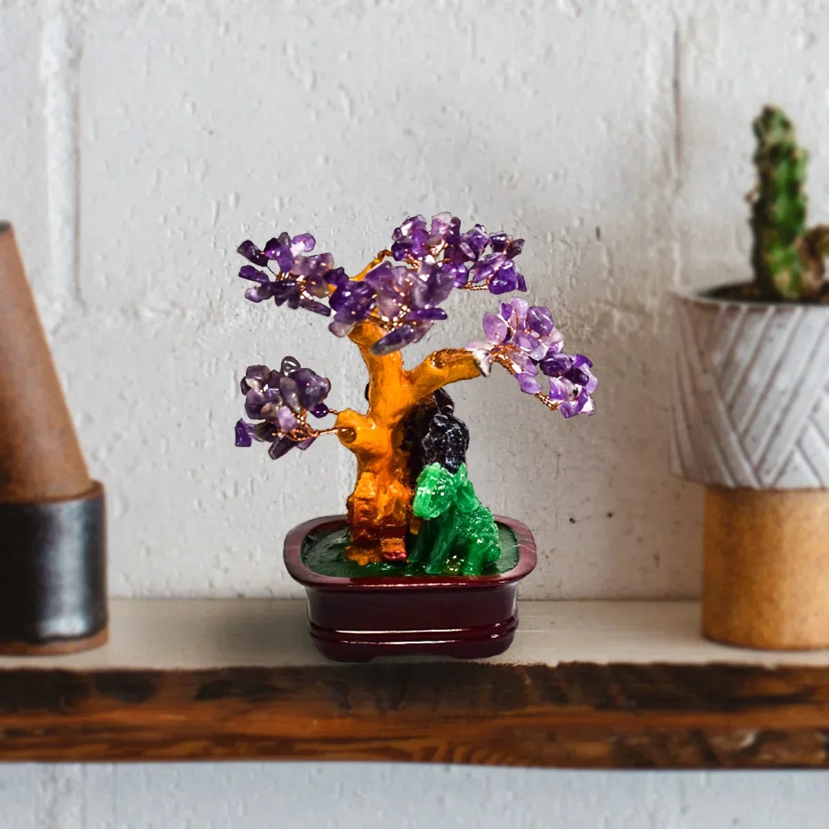 Copac Feng Shui cu Pietre Semipretioase de Ametist, Suport Ceramic, Naimeed D4623-Mov, Inaltime 16cm