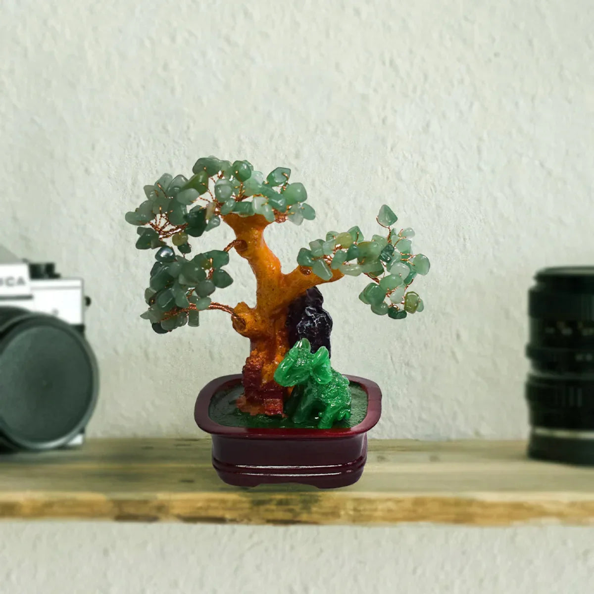 Copacel Feng Shui cu Pietre de Aventurin, Suport Ceramic, Naimeed, D4623-Verde, Inaltime 16cm