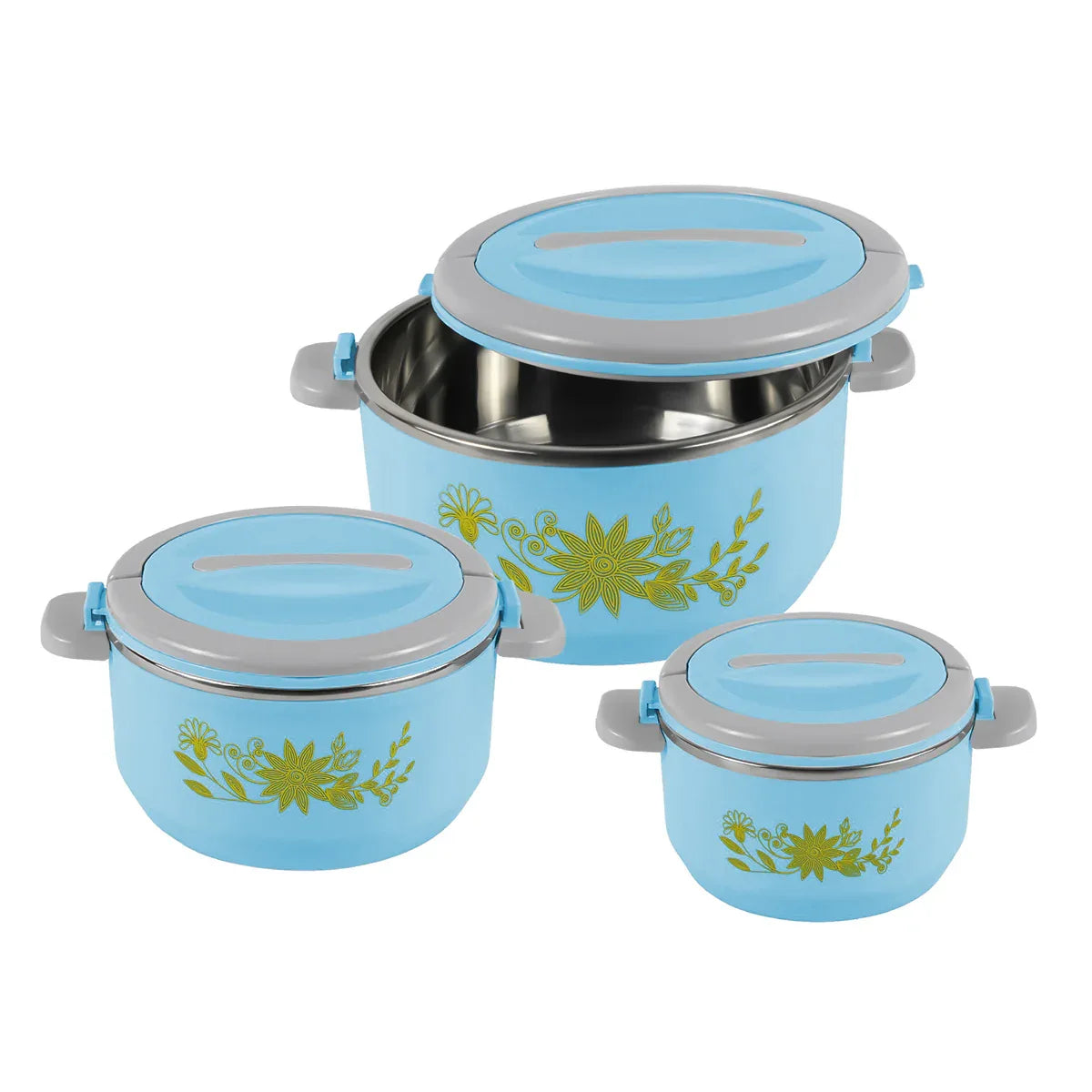 Caserola termica, set 3 piese, cu interior din inox, Naimeed D4810, Albastru