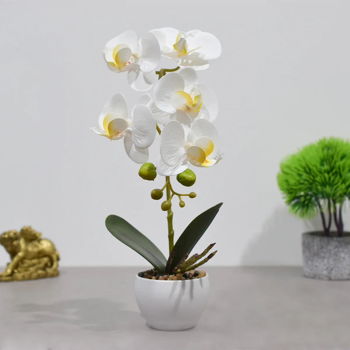 Orhidee cu aspect natural in ghiveci ceramic, 33 cm, Naimeed D4851, Alb