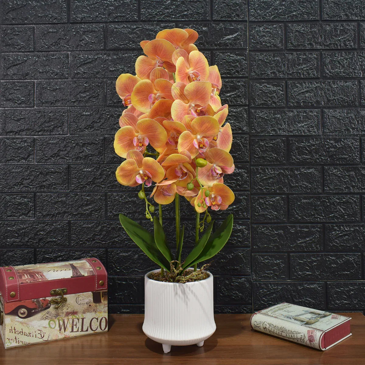 Orhidee cu aspect natural in ghiveci ceramic, 70 cm, Naimeed D4855, Portocaliu