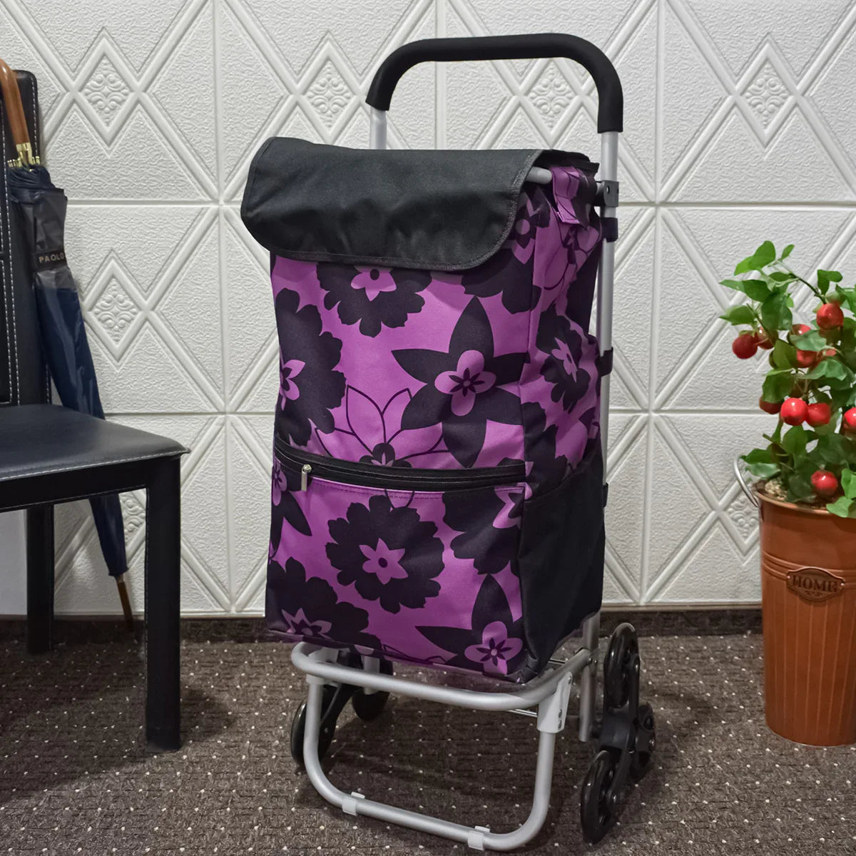 Carucior de piata pliabil, cadru din aluminiu, roti din silicon, Naimeed D4950, 6 roti, 49 L, Roz