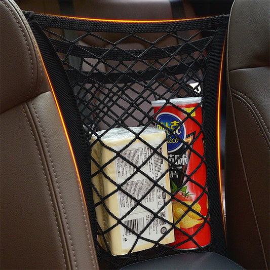 Organizator auto, plasa elastica, Naimeed D5139, 3 buzunare, prindere tip clema, montare intre scaune, Negru