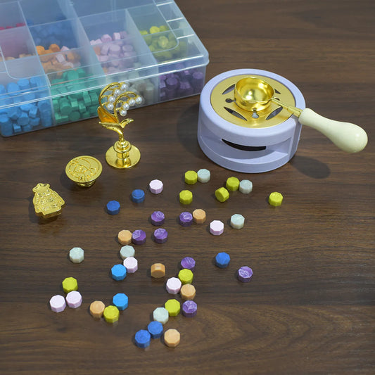 Set 6 piese, sigiliu ceara, Naimeed D5218, 10 culori de ceara, Mov