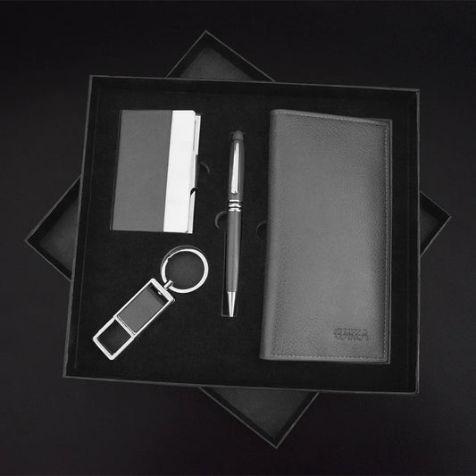 Set cadou barbati, Naimeed D5243, din piele sintetica, cu breloc de chei, Negru