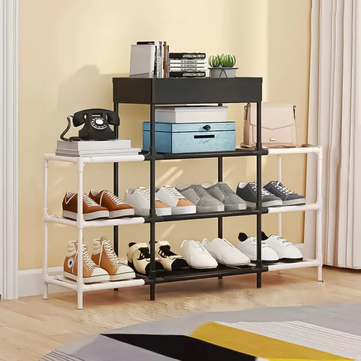 Pantofar, Naimeed D5544, raft incaltaminte, polita multifunctionala, 95 x 22 x 68 cm, alb-negru