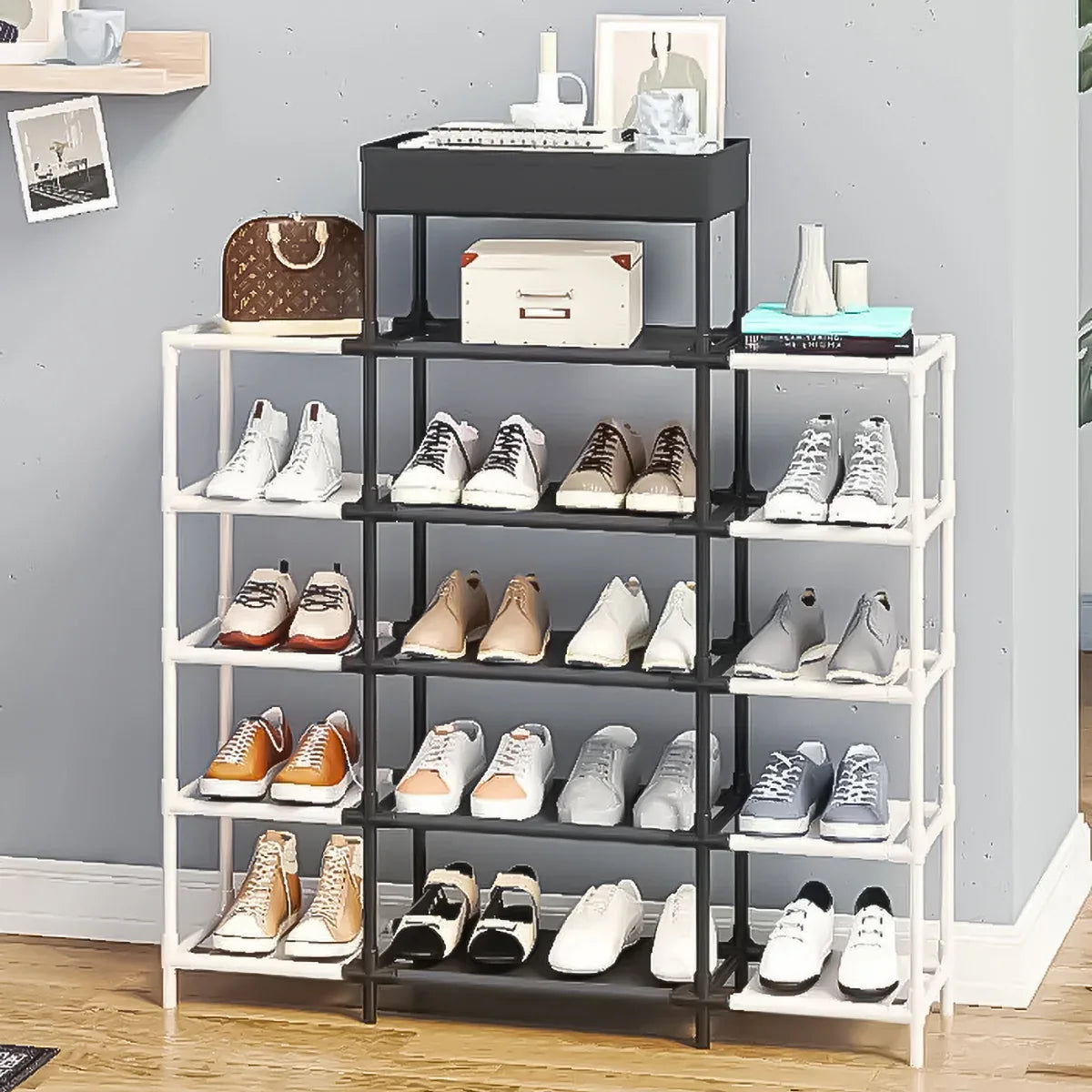 Pantofar, Naimeed D5546, raft incaltaminte, polita multifunctionala, 95 x 22 x 108 cm, alb-negru