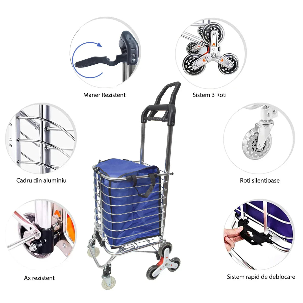 Carucior de piata pliabil, din aluminiu, Naimeed D5664, 8 roti silentioase, 30 L, 47x38x90cm, 20kg, Albastru