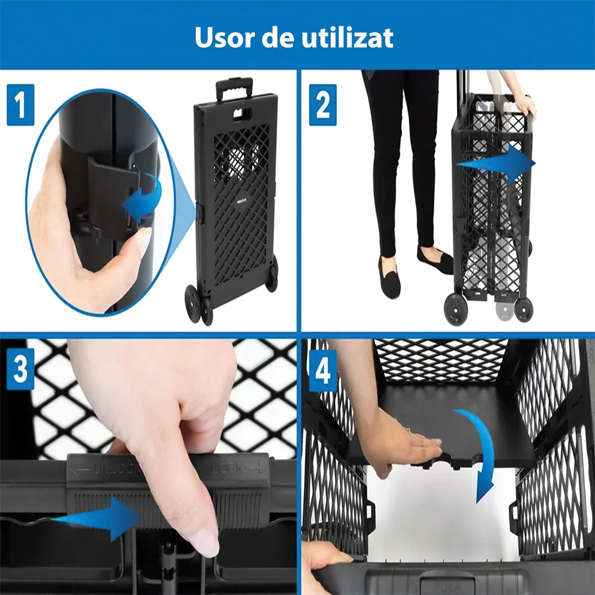 Carucior de cumparaturi pliabil, Naimeed D5678, maner extensibil, 45L, 25kg, 98x38x32cm, Negru