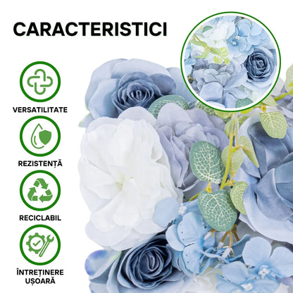 Panou din plante artificiale cu flori, Naimeed D5908, Albastru, 250x100mm