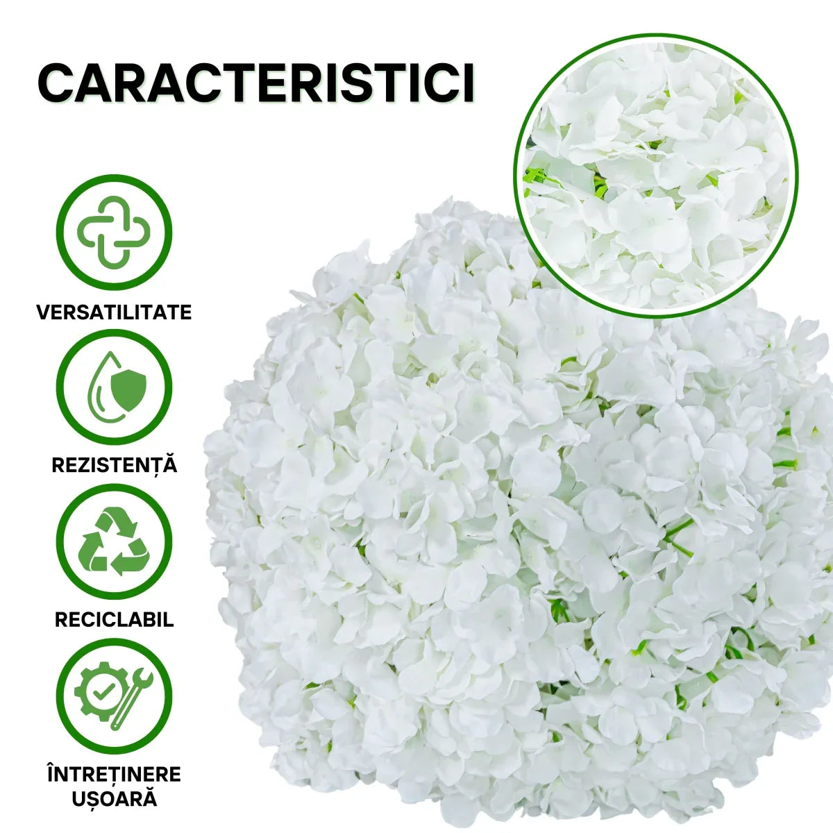 Sfera din plante artificiale, cu flori, Naimeed D5923, Alb, 150mm