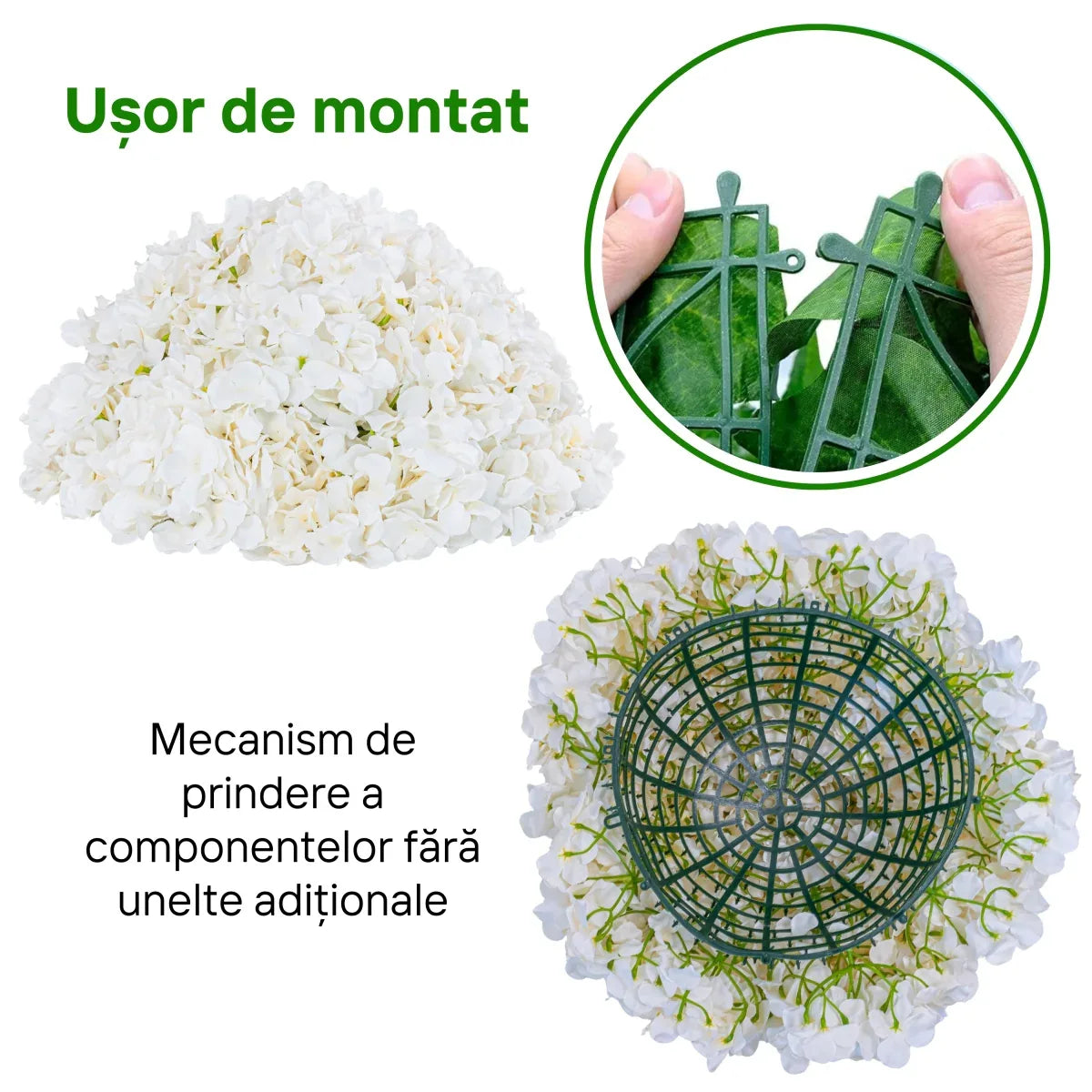 Sfera din plante artificiale, cu flori, Naimeed D5930, Alb, 100mm