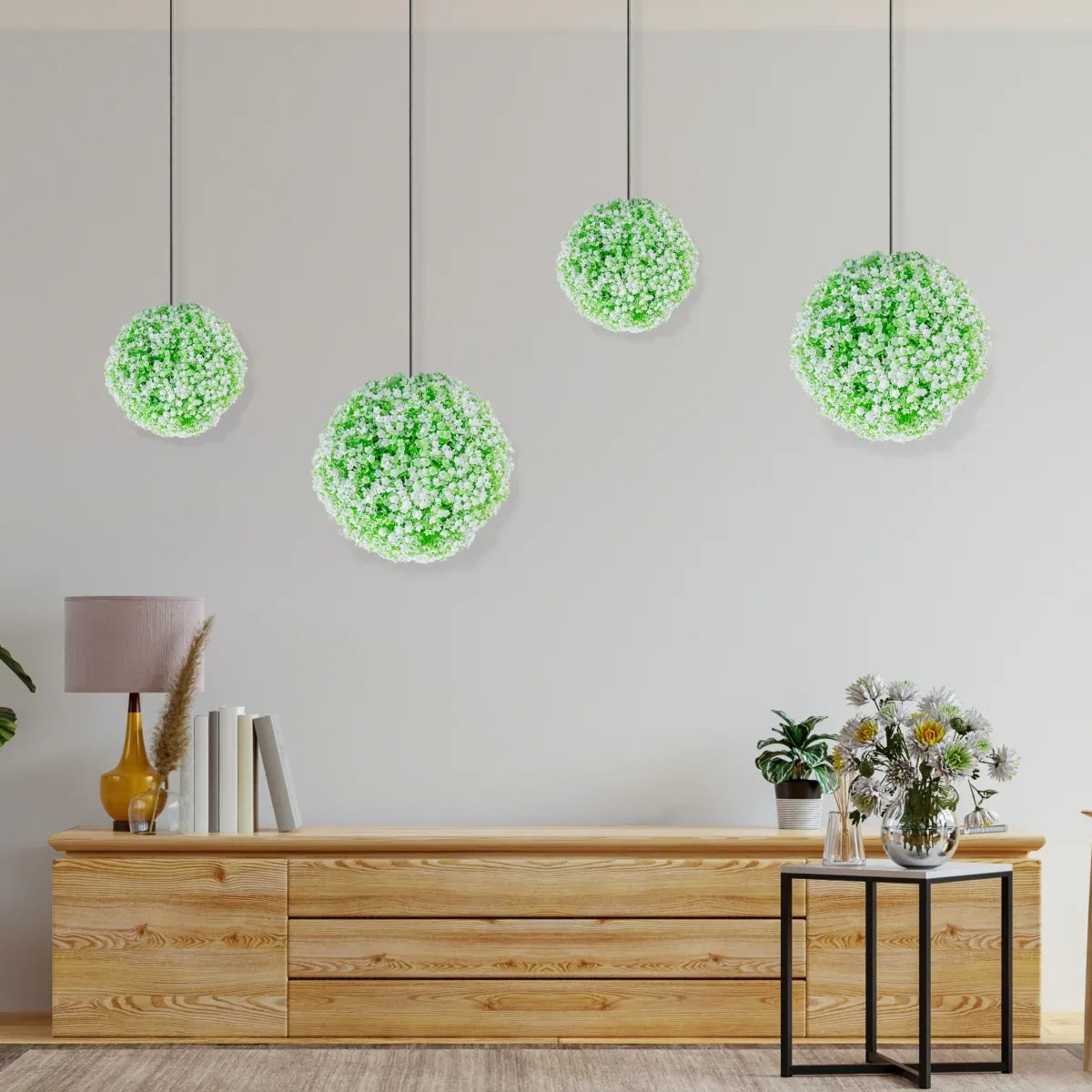 Sfera din plante artificiale, cu flori, Naimeed D5933, Verde-Alb, 150mm