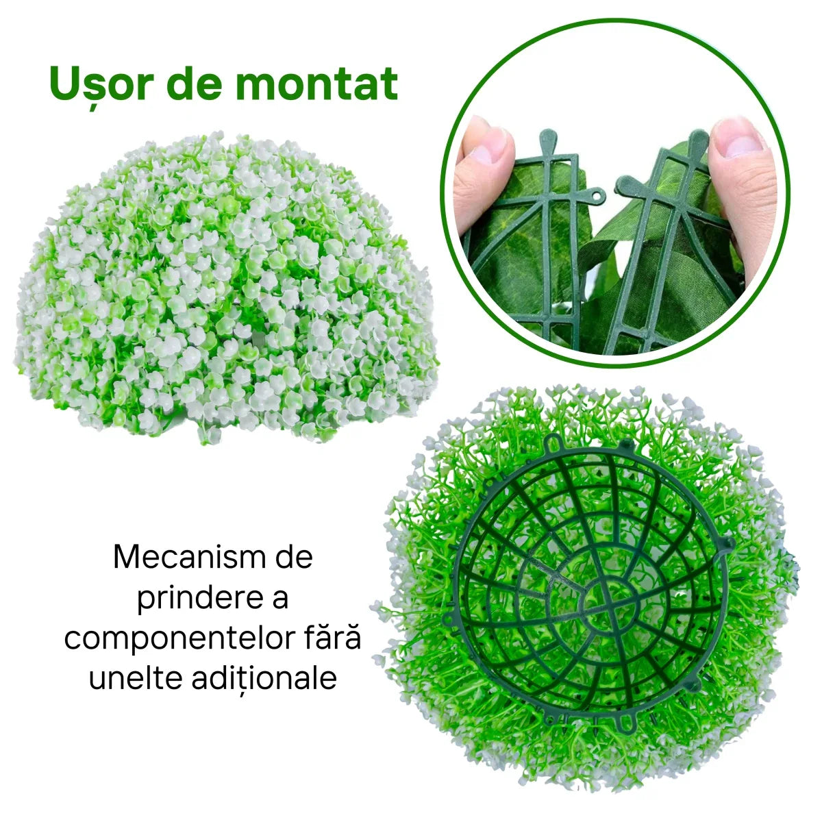 Sfera din plante artificiale, cu flori, Naimeed D5934, Verde-Alb, 100mm