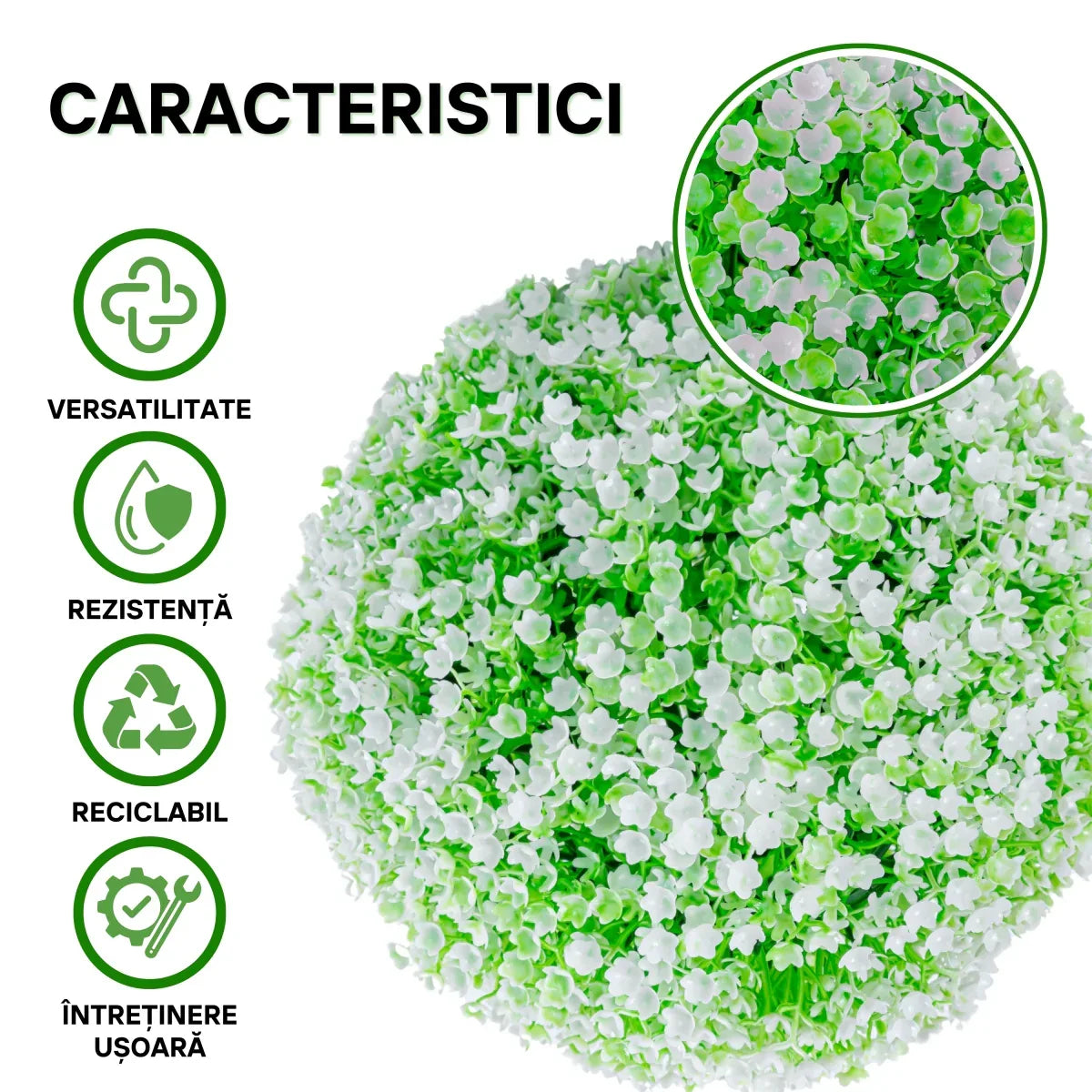 Sfera din plante artificiale, cu flori, Naimeed D5933, Verde-Alb, 150mm