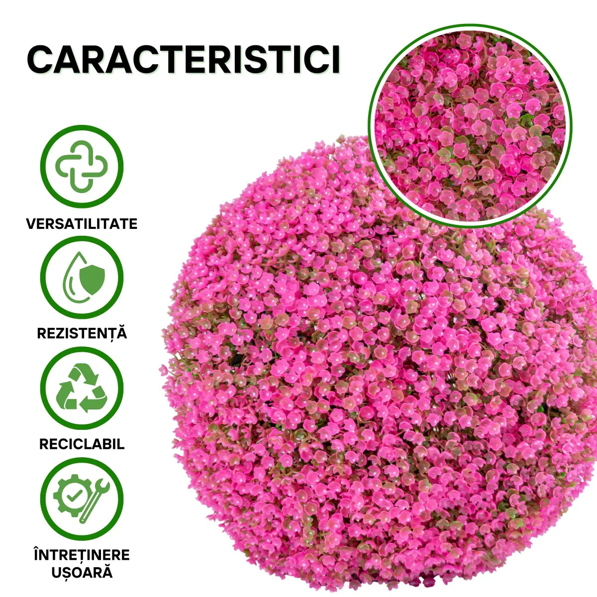 Sfera din plante artificiale, cu flori, Naimeed D5942, Roz Inchis, 100mm