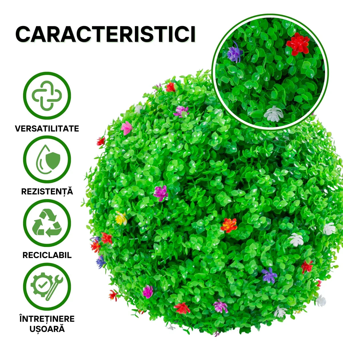 Sfera din plante artificiale, cu flori, Naimeed D5943, Verzui, 280mm