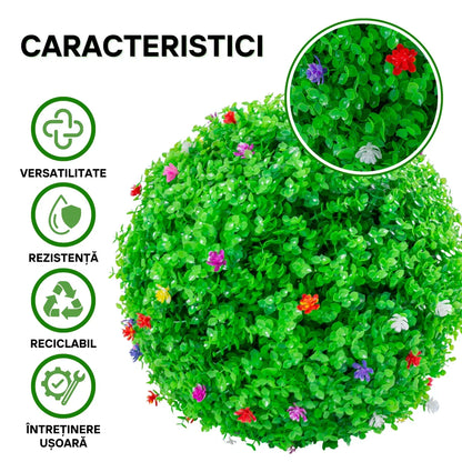 Sfera din plante artificiale, cu flori, Naimeed D5943, Verzui, 280mm