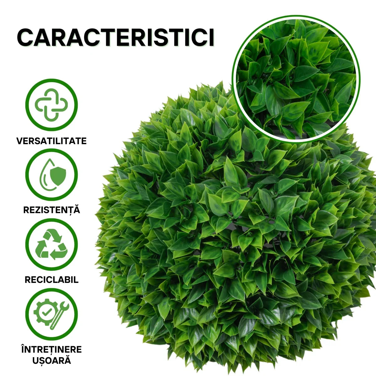 Sfera din plante artificiale, cu flori, Naimeed D5952, Verde intens, 200mm