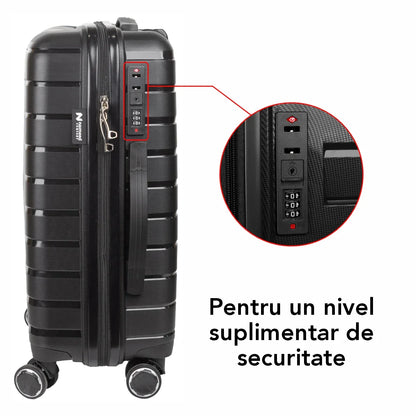 Troler voiaj Mic S, StowAway, Naimeed D5962, 4 roti duble 360 grade detasabile , PP, inchidere cifru, Negru, 37x20x48cm